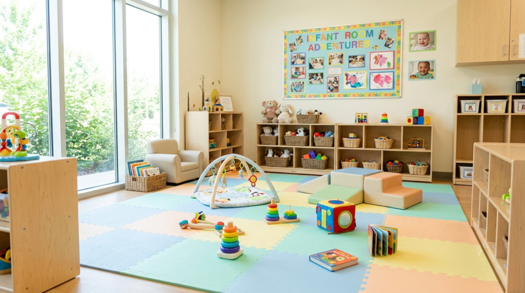 A bright modern daycare room for infants and toddlers.