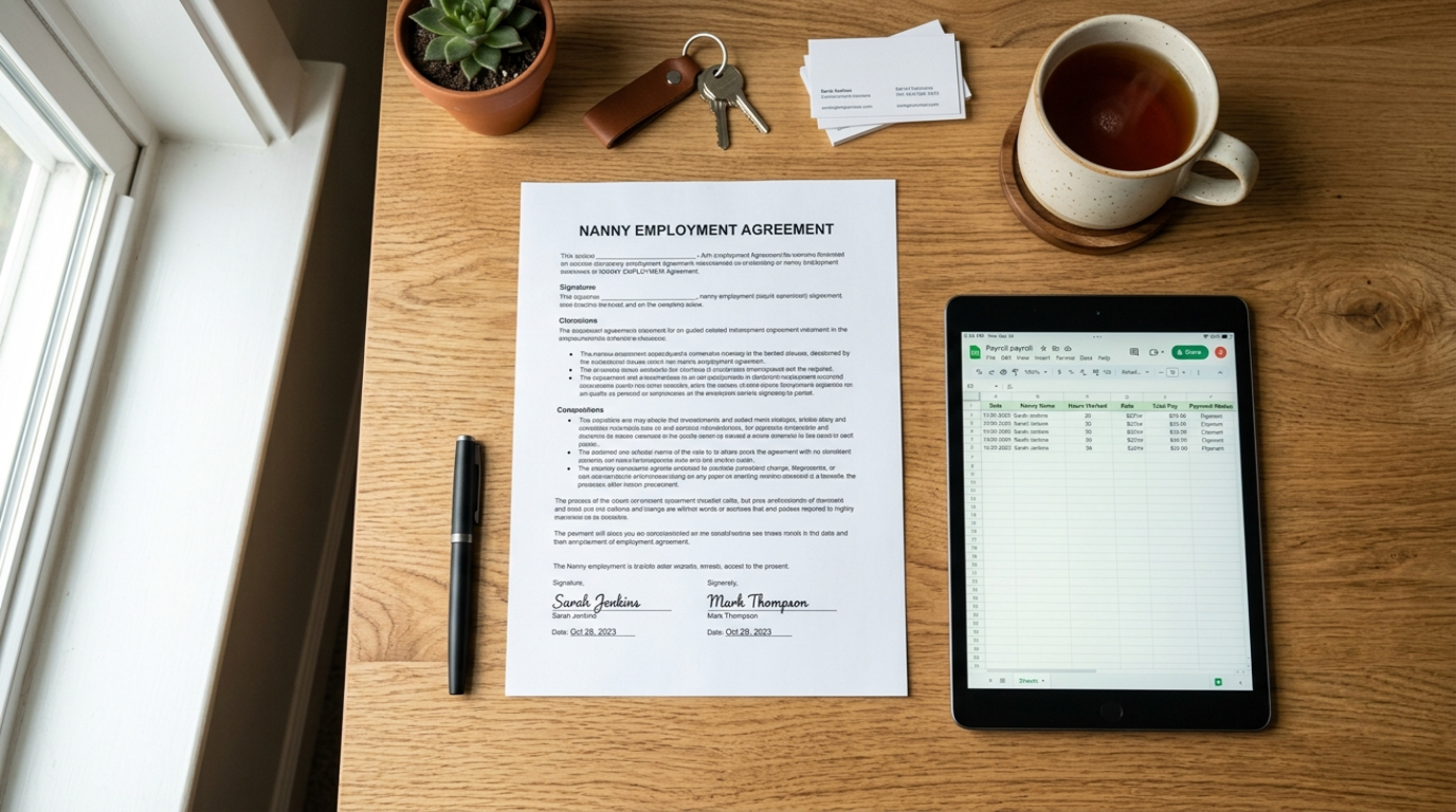 A signed nanny contract and a digital payroll dashboard on a clean modern desk.