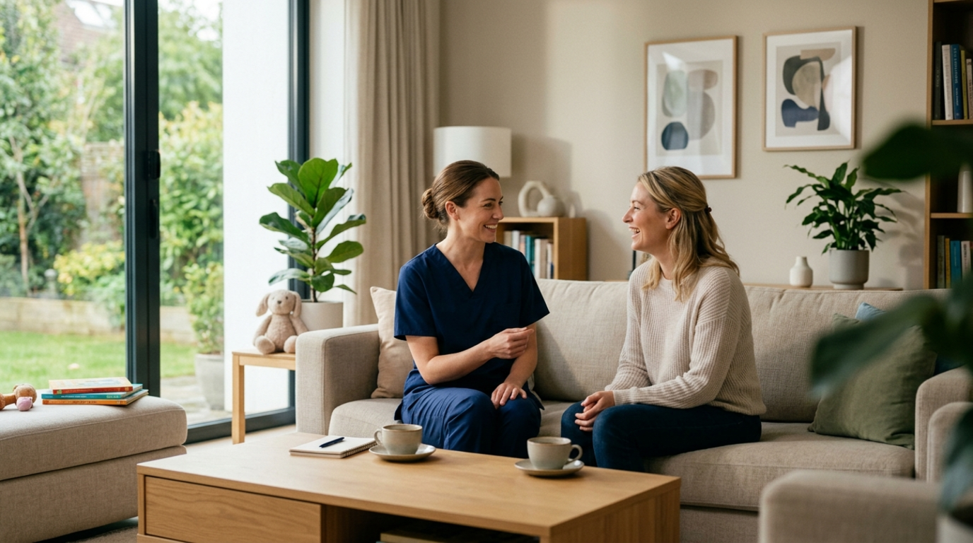 A mother and a caregiver discussing nanny interview questions during an in-home meeting.