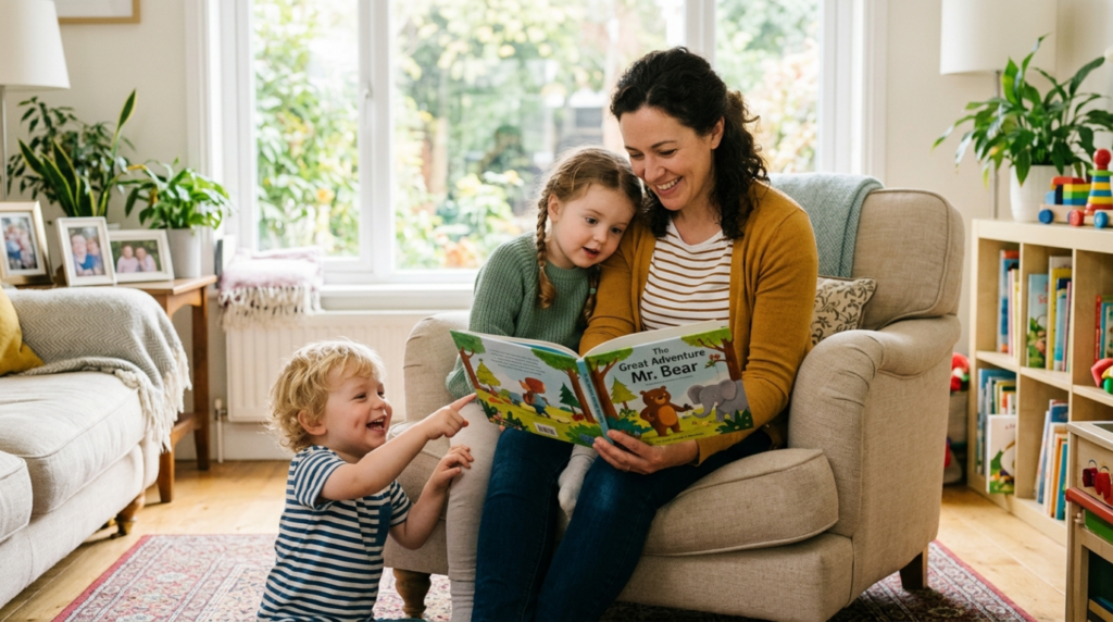 A private in-home nanny reading books with children in a living room.