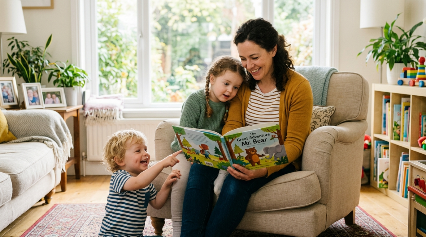 A private in-home nanny reading books with children in a living room.