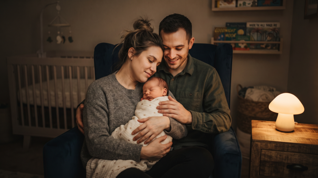 A parent comforting an infant during the 4-month sleep regression.