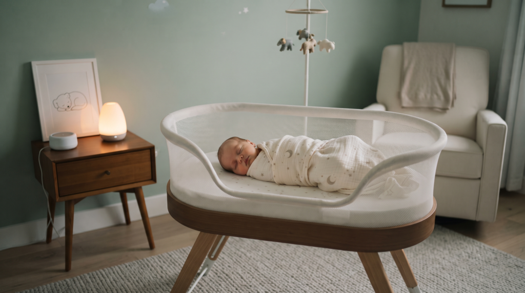 A peaceful modern nursery setup for overnight newborn care services.