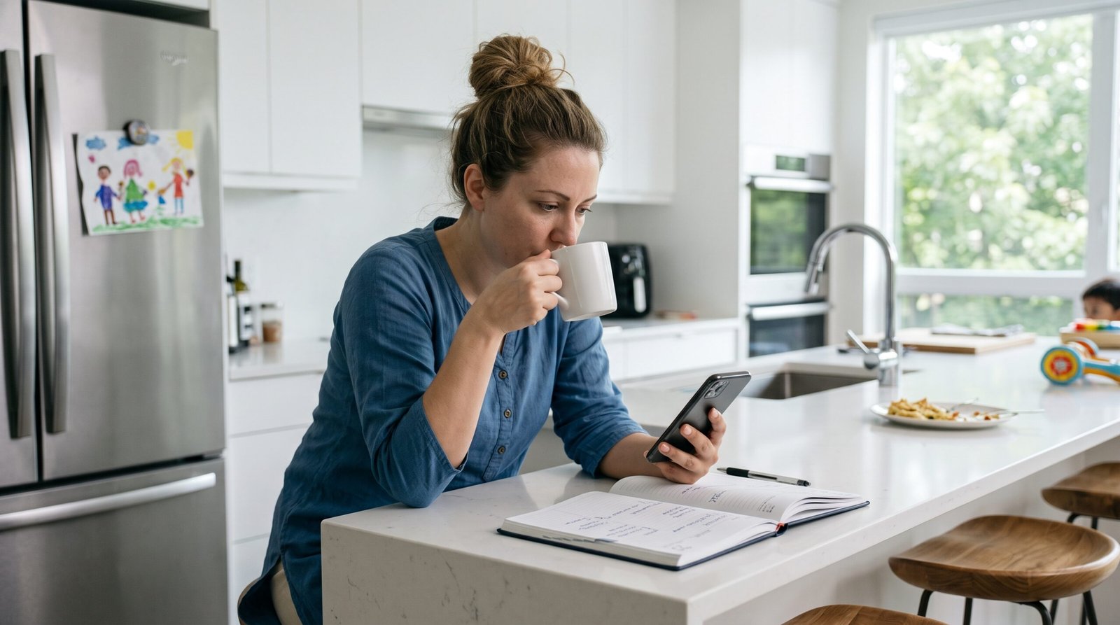 A parent checking phone notifications in the kitchen while managing unexpected schedule changes.