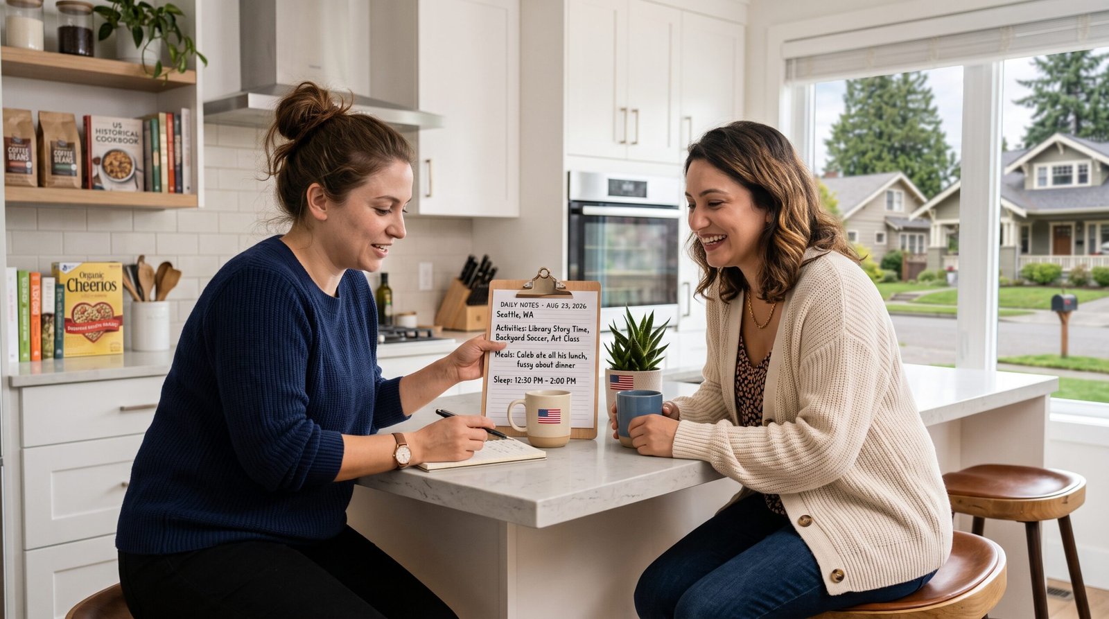 A parent and nanny reviewing feedback notes together in a modern kitchen.