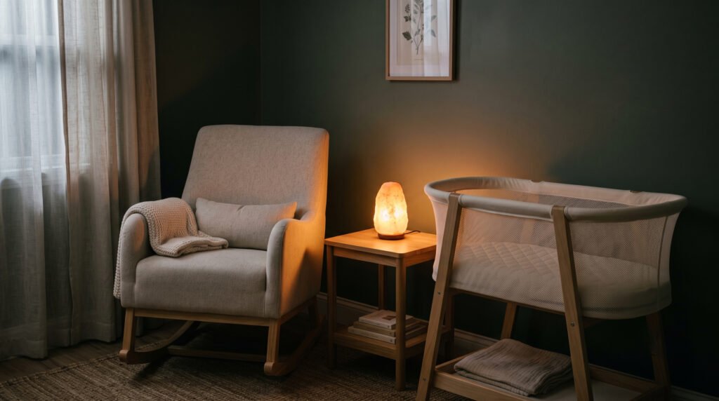 A calm midnight nursery prepared for overnight care support.