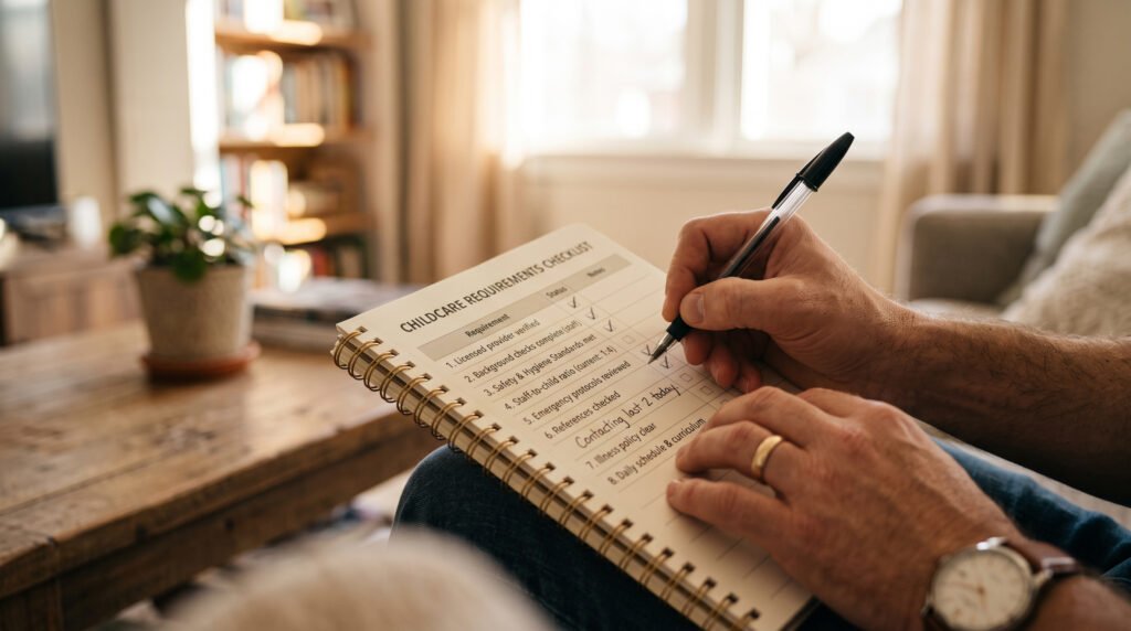A parent planning nanny duties and daily tasks using a checklist.