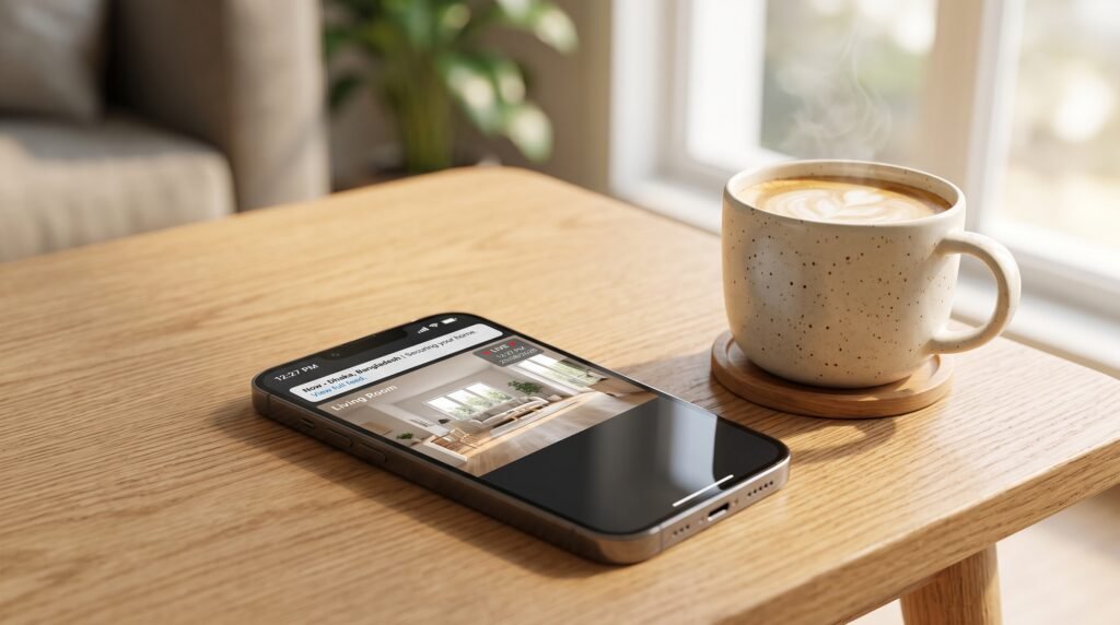 A smartphone displaying a live home security feed for monitoring childcare.