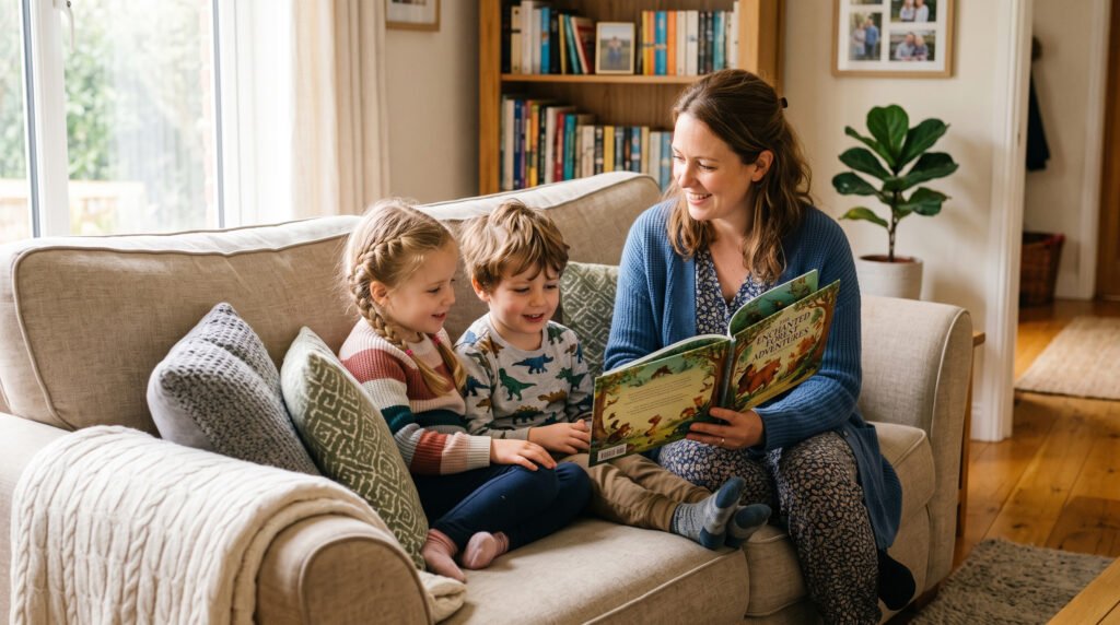 A professional nanny engaged in storytime with children in a nanny share arrangement.