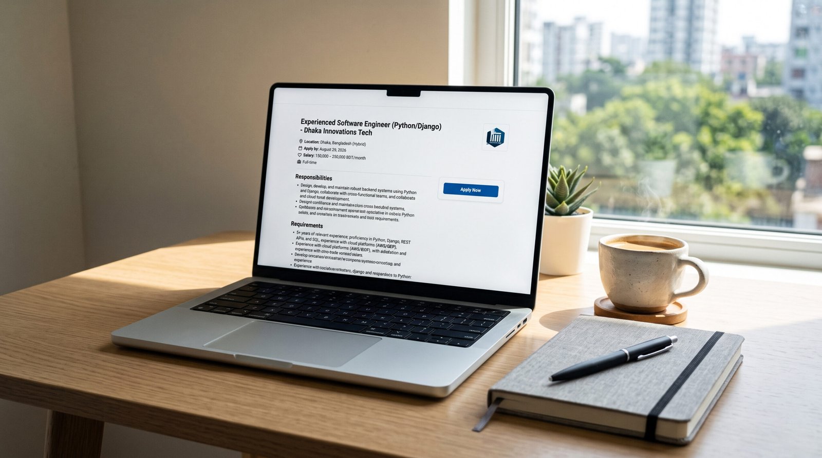 A laptop showing a professional nanny job description on a clean wooden desk.
