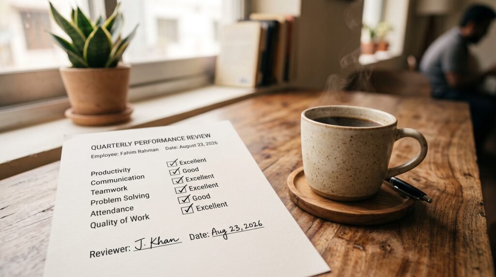 A clean evaluation checklist form used during a caregiver performance review.