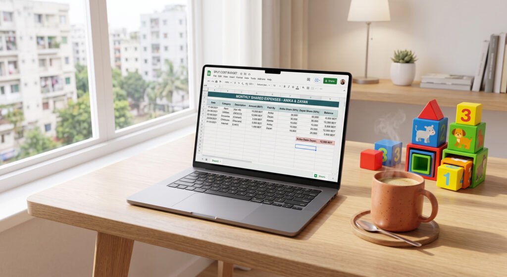 A budget planner and laptop used for calculating nanny share costs.