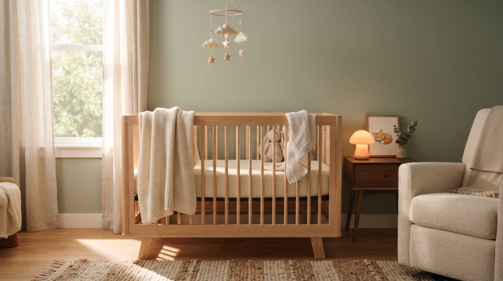 A cozy modern nursery prepared for baby sleep training methods.