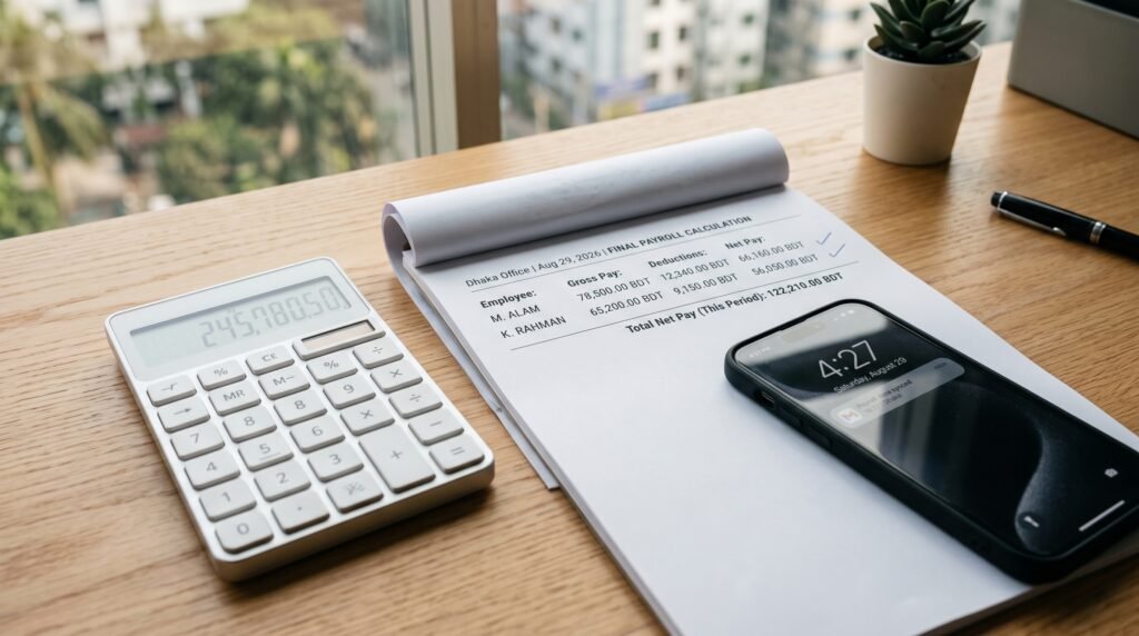 A financial calculator and payroll sheet used for calculating a final nanny paycheck.