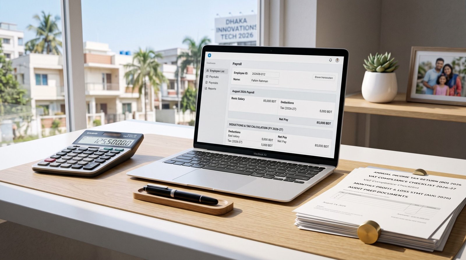 A laptop and tax calculator on a desk used for managing nanny overtime laws.