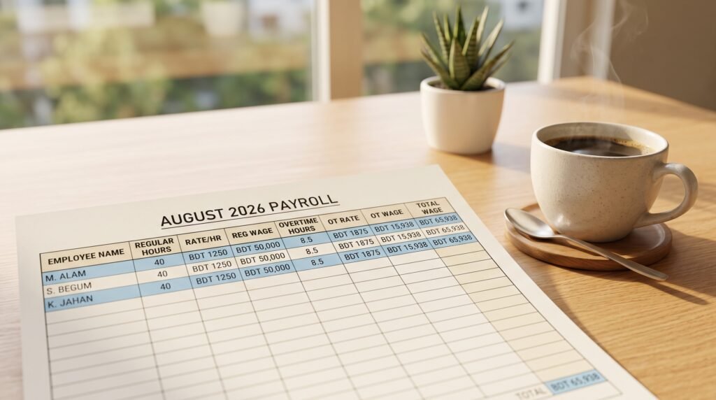 A close-up of a spreadsheet used for tracking nanny overtime wages.