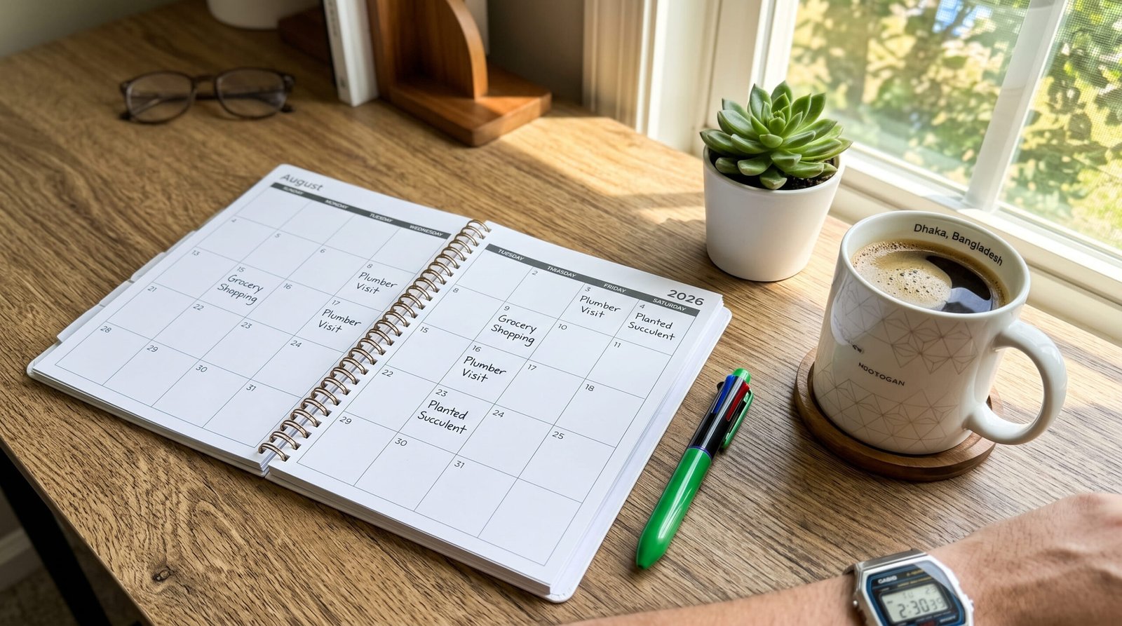 A calendar planner used for tracking nanny PTO and sick leave days.