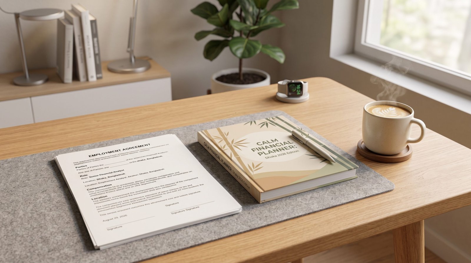 An employment contract and planner resting on a clean desk for household review.