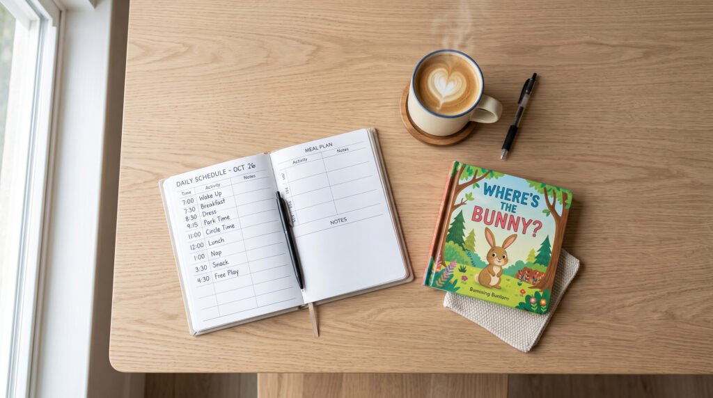A checklist and schedule planner used during a nanny trial day.