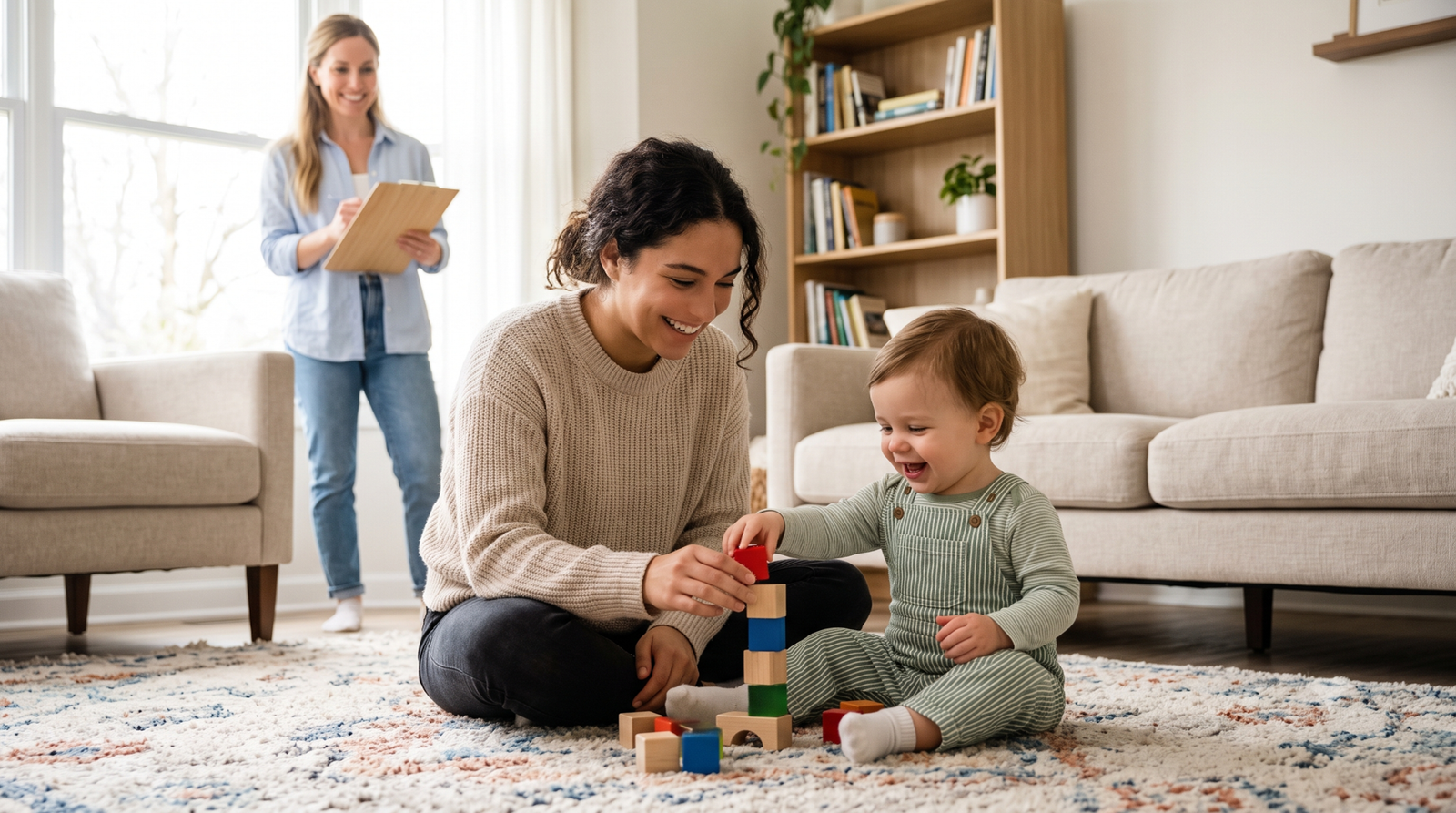 A nanny interacting with a child during a paid trial period.