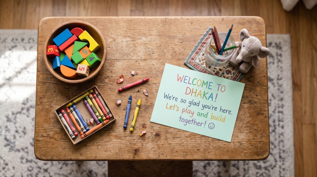 Toys and welcoming play items set up for a nanny introduction playdate.
