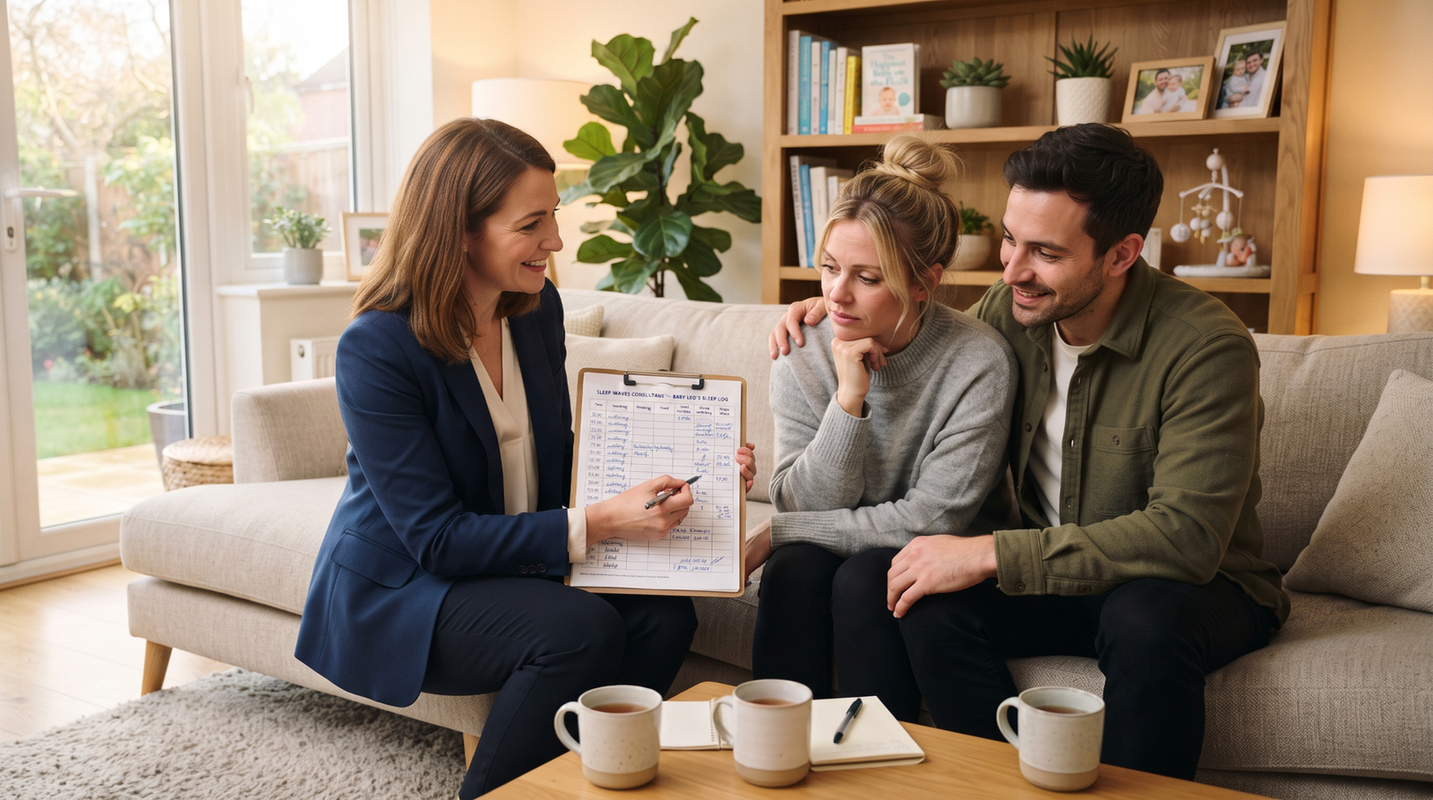 Parents consulting with an expert baby sleep consultant in a living room.