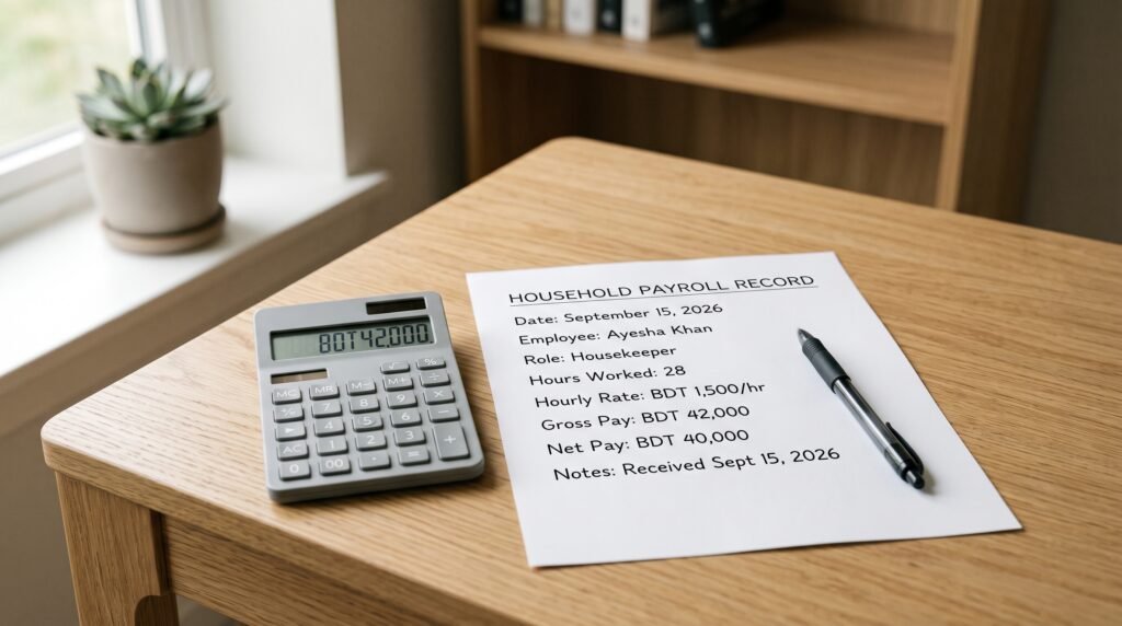 A calculator and payroll document used for calculating a year-end nanny bonus.