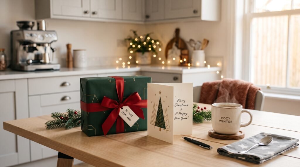 A holiday gift box and card prepared for a professional nanny appreciation bonus.