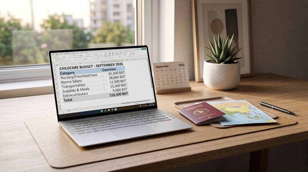 A laptop displaying a childcare budget next to a passport.