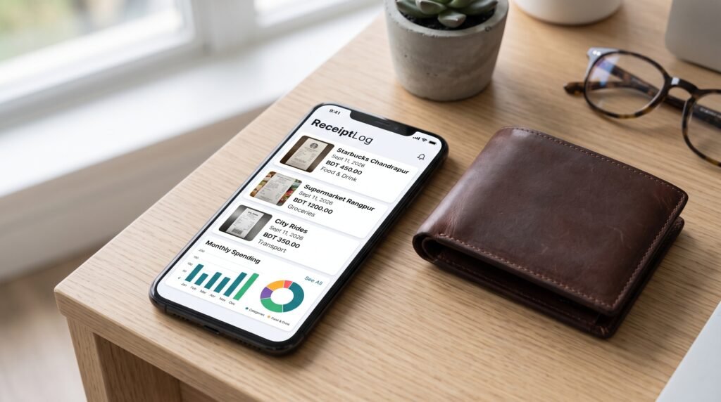 A smartphone showing a digital receipt tracking app for household expenses.