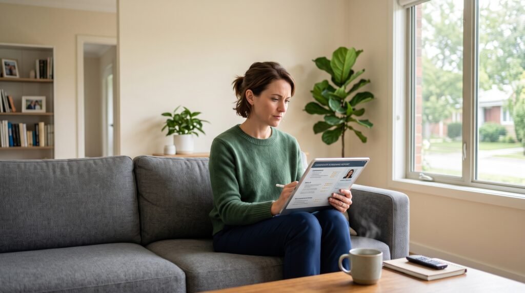 A parent reviewing a digital background check report on a tablet before hiring a nanny.