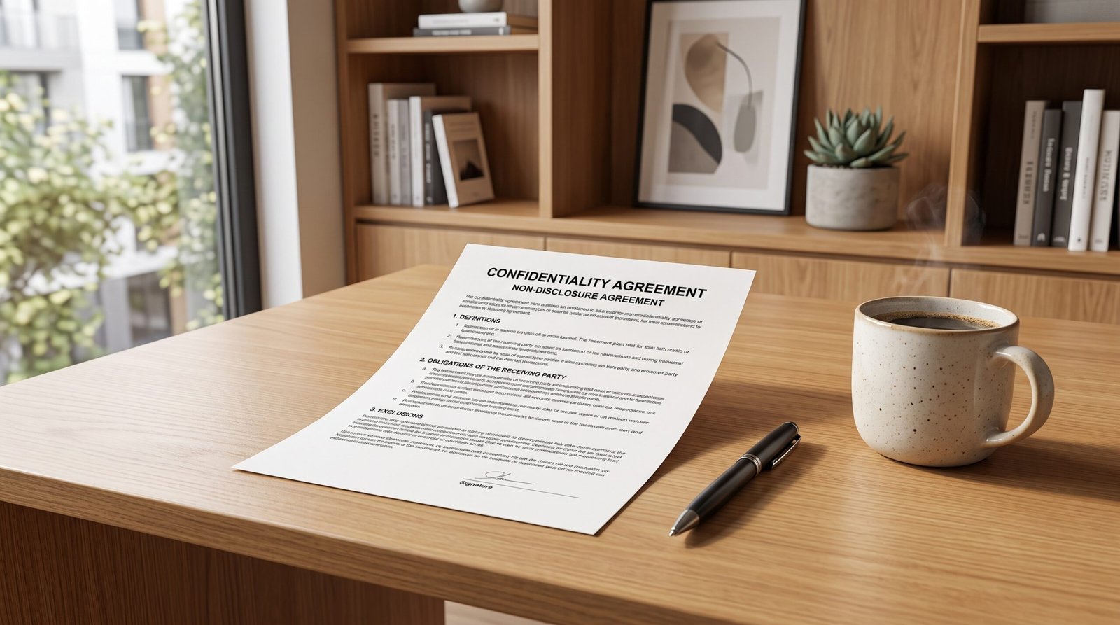 A professional nanny confidentiality agreement resting on a clean wooden desk.