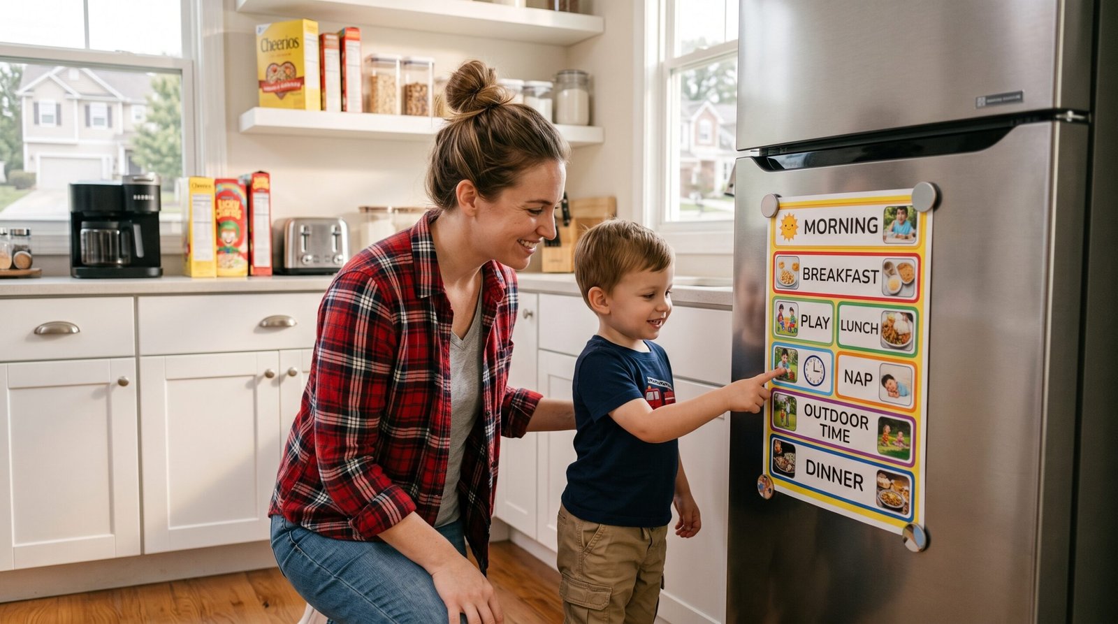 A nanny and toddler reviewing a visual daily schedule chart in a modern kitchen.