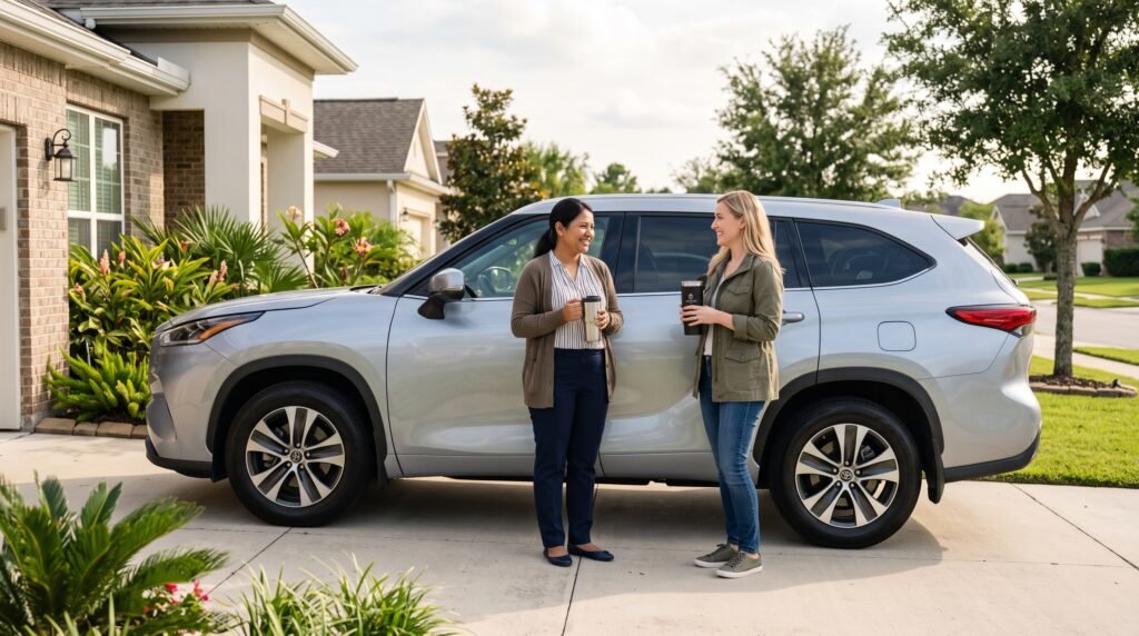 A parent and nanny discussing driving duties next to a family car in a driveway.