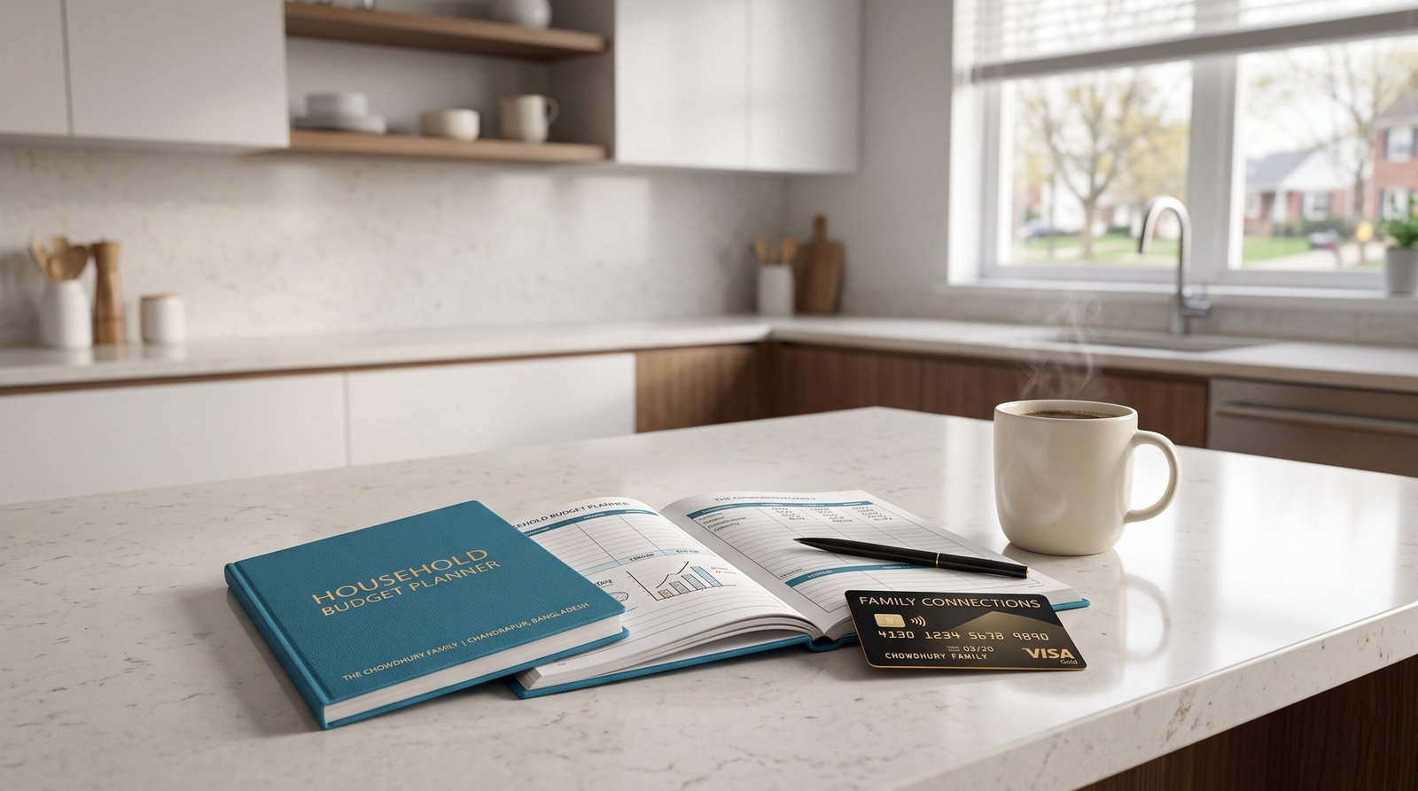 A family credit card and budget planner resting on a modern kitchen counter.