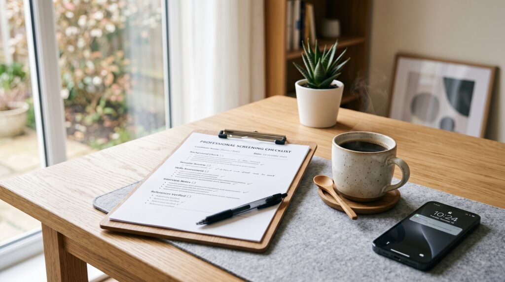 A clipboard holding a comprehensive childcare screening checklist on a wooden desk.