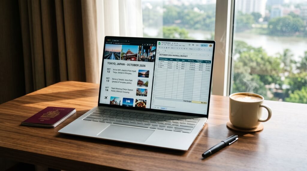 A laptop displaying a travel itinerary and payroll budget for a nanny.