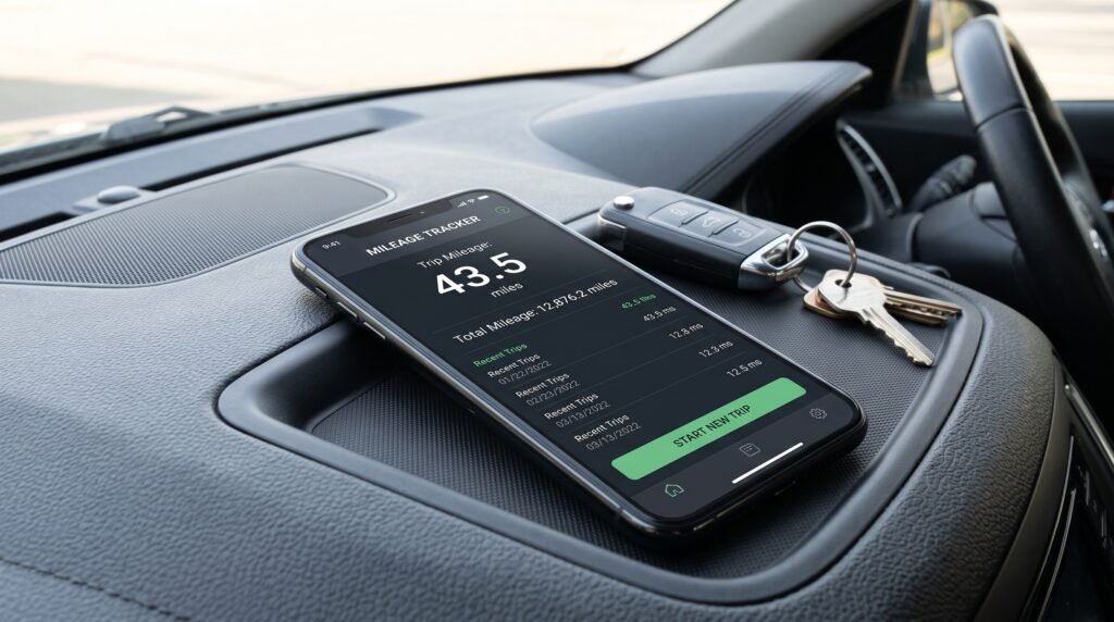 A smartphone displaying a digital mileage tracking app for household employees.