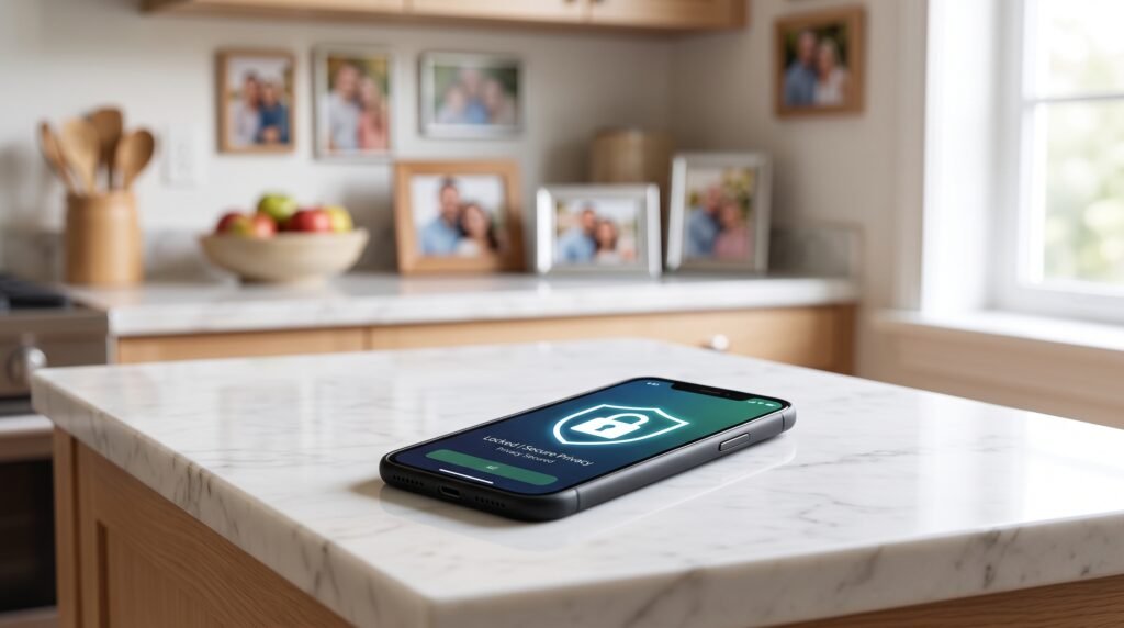 A smartphone showing a privacy lock icon to symbolize family digital security.