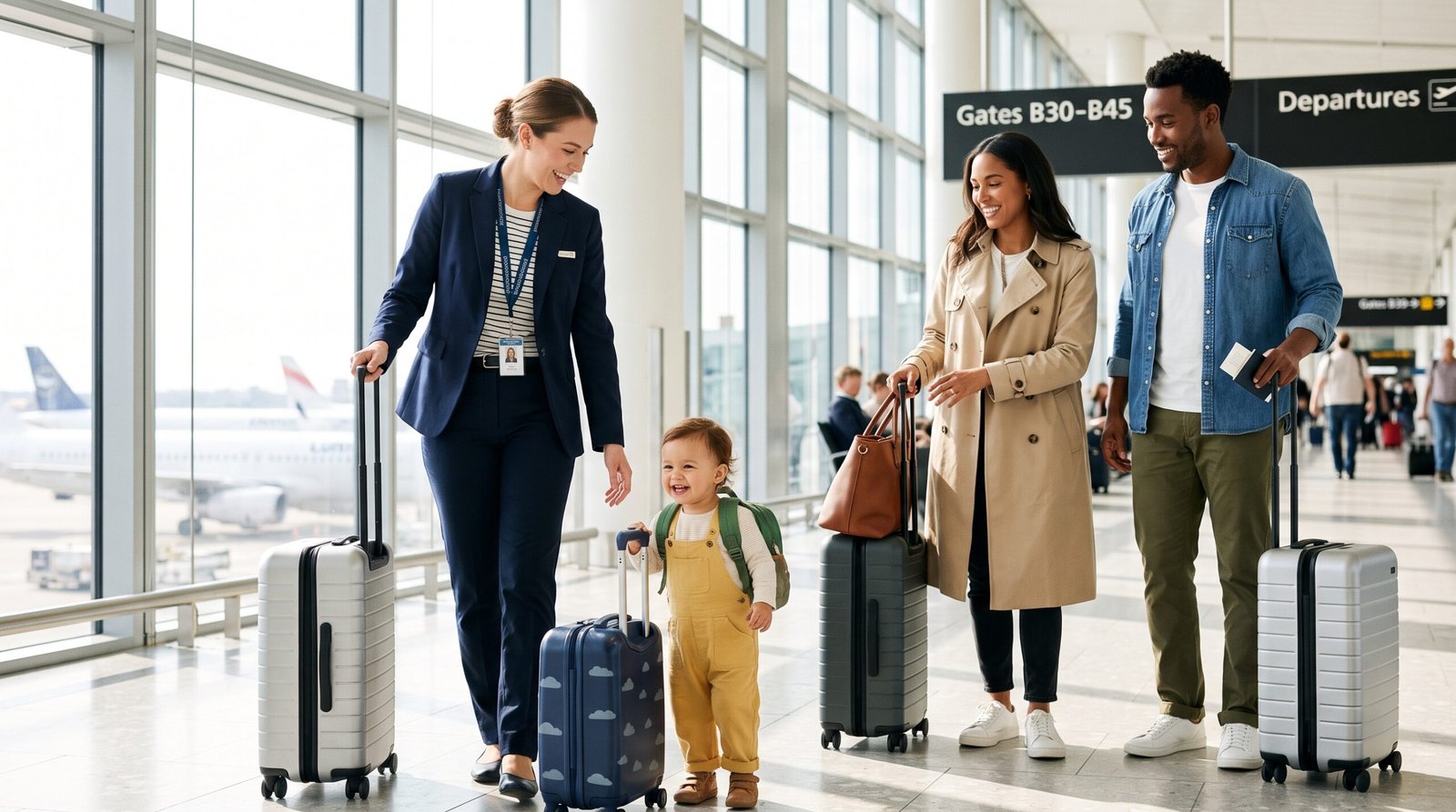 A professional nanny and a family navigating an airport terminal together.