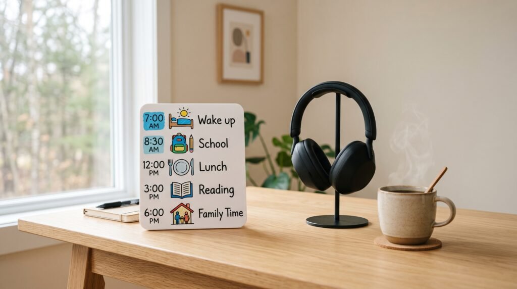 A visual schedule board and noise-canceling headphones on a desk.